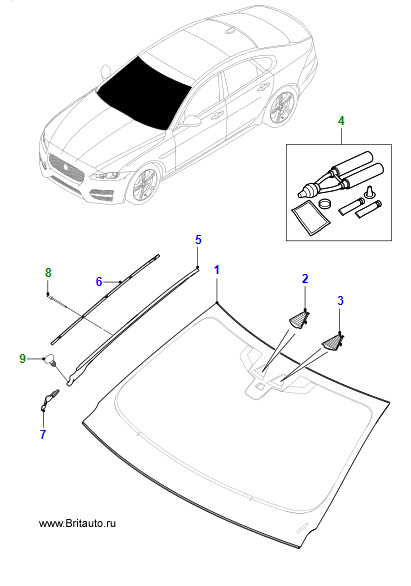 Лобовое стекло Jaguar XF от 2016 м.г., с обогревом, без дисплея над головой.